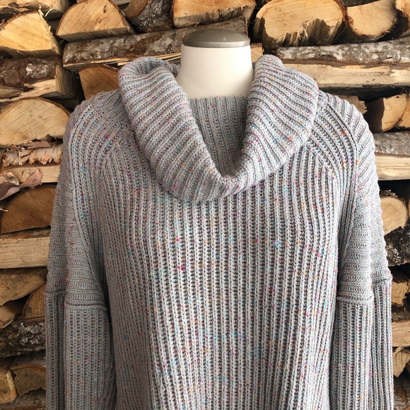 Free People | Cozy Oversized Cowl Neck Chunky Knit Sweater Grey w/ Rainbow Spec - Picture 2 of 13